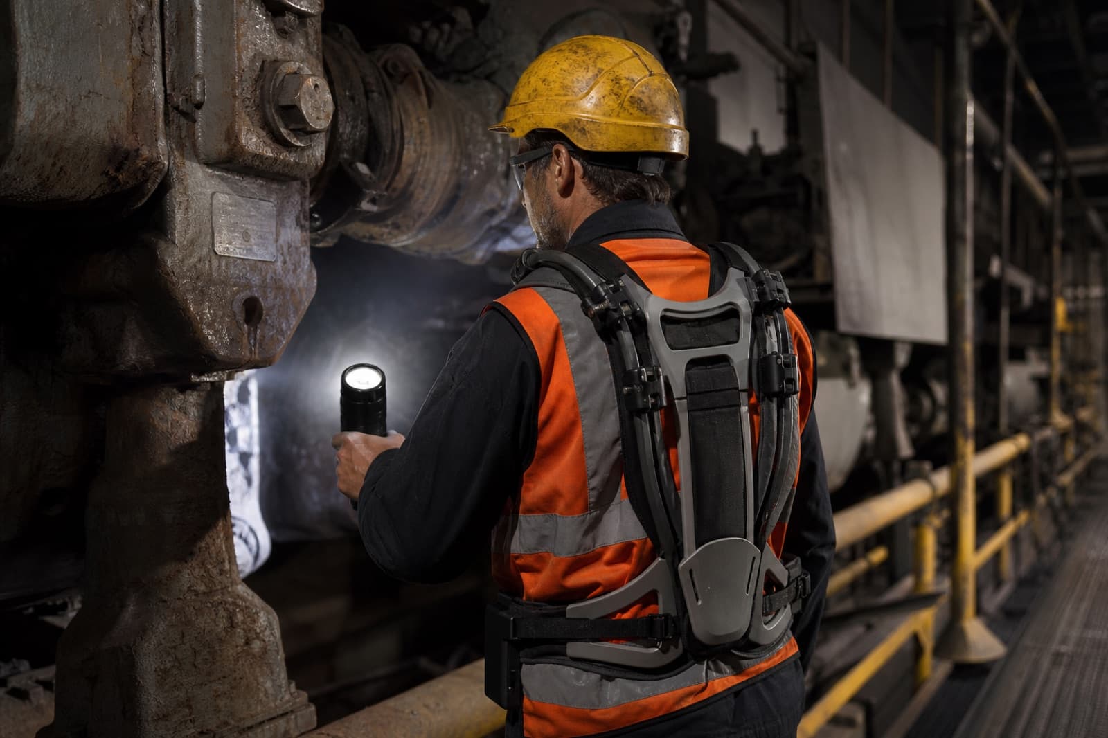 Operatore in DPI con esoscheletro durante un’ispezione in ambiente industriale